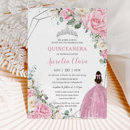 Quinceañera Pink White Floral Silver 16th Birthday 招待状