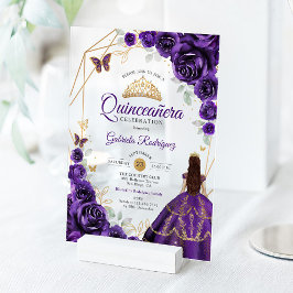 Quinceanera Purple Floral Dress Gold アクリル招待状