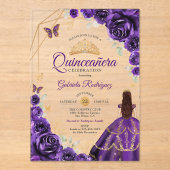 Quinceanera Purple Floral Dress Gold アクリル招待状 (正面)