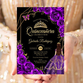 Quinceanera Purple Gold Butterfly Dress Floral 招待状