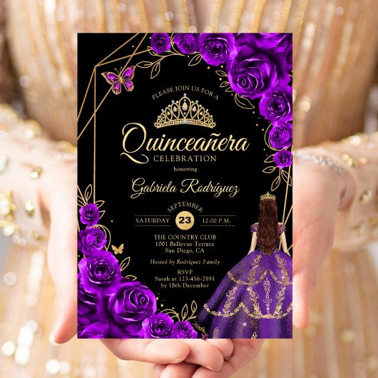 Quinceanera Purple Gold Butterfly Dress Floral 招待状
