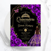 Quinceanera Purple Gold Butterfly Dress Floral 招待状