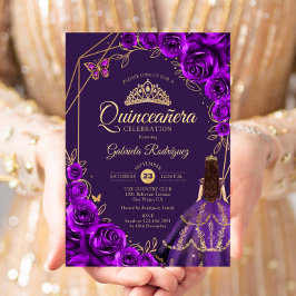 Quinceanera Purple Gold Dress Floral 招待状