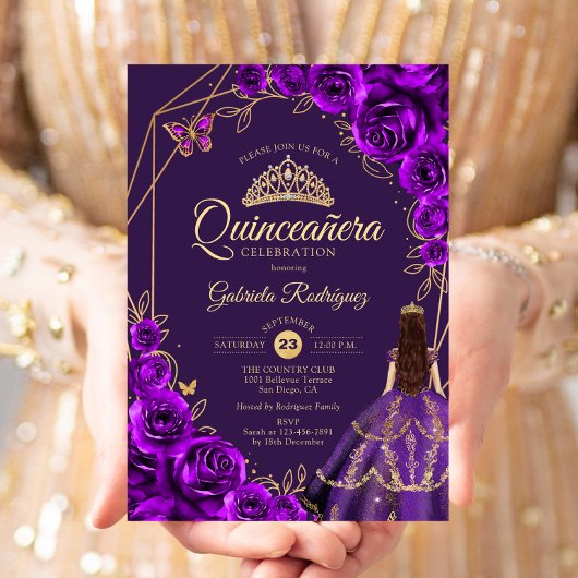 Quinceanera Purple Gold Dress Floral 招待状
