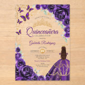 Quinceanera Purple Gold Floral アクリル招待状 (正面)