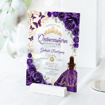 Quinceanera Purple Gold Floral アクリル招待状<br><div class="desc">Purple gold and white Quinceanera celebration invitation. Features brunette girl in ball gown dress,  script font,  gold butterflies,  watercolor roses and tiara. Perfect for an elegant princess style glam celebration. Personalize with your own details. Stylish transparent or frosted acrylic invitations.</div>