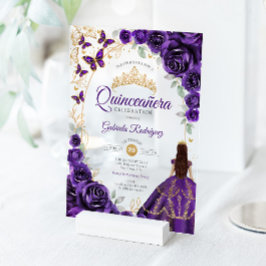 Quinceanera Purple Gold Floral アクリル招待状