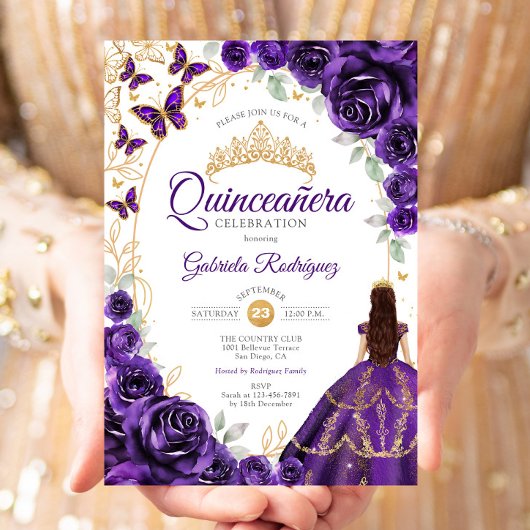 Quinceanera Purple Gold Floral 招待状