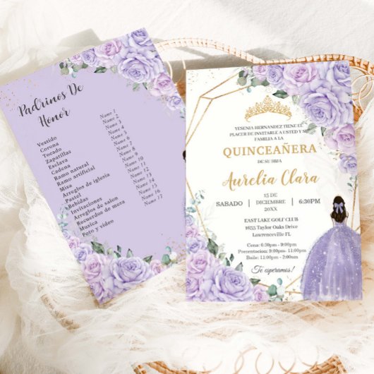 Quinceañera Purple Lilac Floral 15 Años Padrinos 招待状