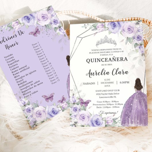 Quinceañera Purple Lilac Floral 15 Años Padrinos 招待状
