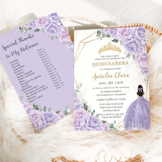 Quinceanera Purple Lilac Floral Padrinos List 招待状