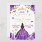 Quinceañera Purple Princess Brunette Girl 招待状 (正面)