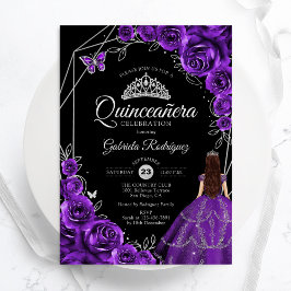 Quinceanera Purple Silver Butterfly Dress Floral 招待状