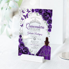Quinceanera Purple Silver Floral アクリル招待状