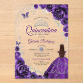 Quinceanera Purple Silver Floral Dress アクリル招待状 (正面)