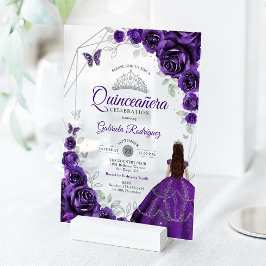 Quinceanera Purple Silver Floral Dress アクリル招待状