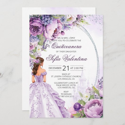 Quinceanera Purple Silver Floral Invitation 招待状 (正面/裏面)