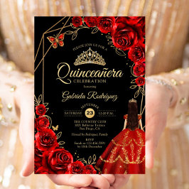 Quinceanera Red Gold Butterfly Dress Floral 招待状