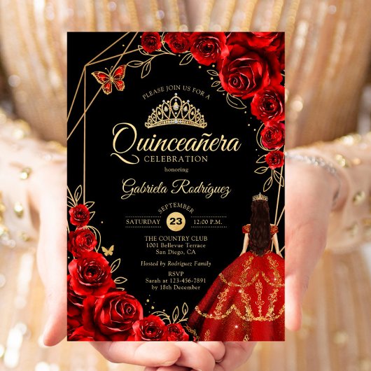 Quinceanera Red Gold Butterfly Dress Floral 招待状