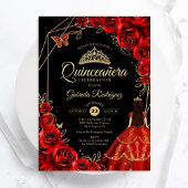 Quinceanera Red Gold Butterfly Dress Floral 招待状