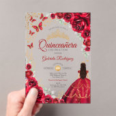 Quinceanera Red Gold Floral アクリル招待状 (インサイチュ (ポータブル))