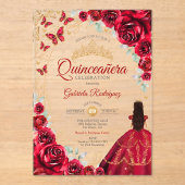 Quinceanera Red Gold Floral アクリル招待状 (正面)
