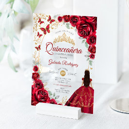 Quinceanera Red Gold Floral アクリル招待状