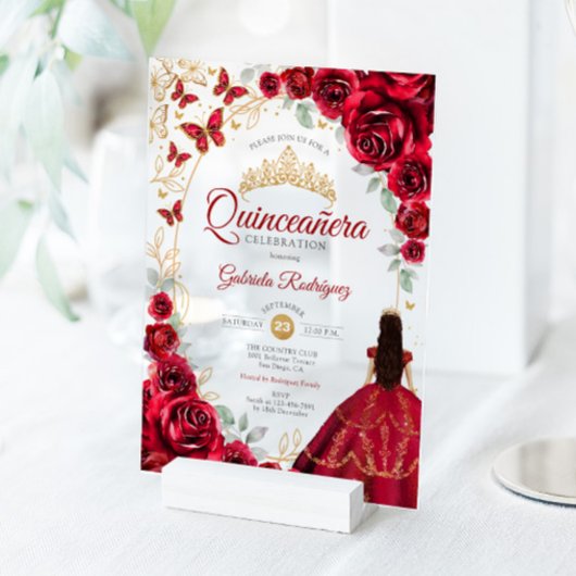 Quinceanera Red Gold Floral アクリル招待状