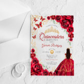 Quinceanera Red Gold Floral アクリル招待状