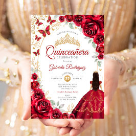 Quinceanera Red Gold Floral 招待状
