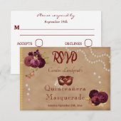 Quinceañera Red Masquerade Burgundy English Roses 出欠カード (正面/裏面)