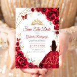 Quinceanera Red Roses Dress Gold セーブザデート<br><div class="desc">Red,  gold and white Quinceanera celebration save the date. Features,  brunette girl in ball gown dress script font,  gold butterflies,  watercolor roses and tiara. Perfect for an elegant princess style glam celebration. Personalize with your own details. Printed Zazzle cards or instant download digital printable template.</div>