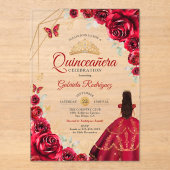 Quinceanera Red Roses Dress Gold White アクリル招待状 (正面)