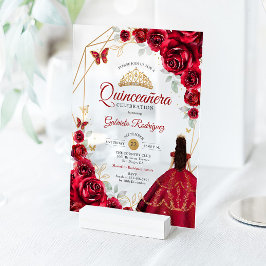 Quinceanera Red Roses Dress Gold White アクリル招待状