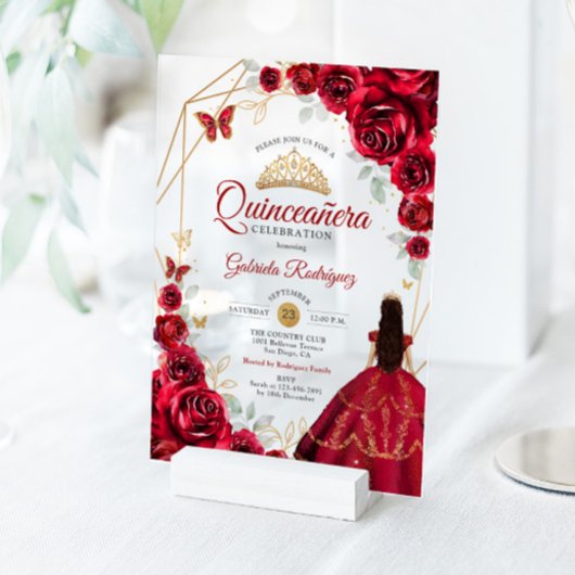 Quinceanera Red Roses Dress Gold White アクリル招待状