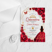 Quinceanera Red Roses Dress Gold White アクリル招待状