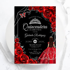 Quinceanera Red Silver Butterfly Dress Floral 招待状