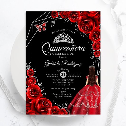 Quinceanera Red Silver Butterfly Dress Floral 招待状