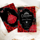 Quinceanera Red Silver Butterfly Dress Floral 招待状