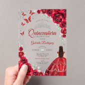 Quinceanera Red Silver Floral アクリル招待状 (インサイチュ (ポータブル))