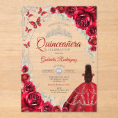 Quinceanera Red Silver Floral アクリル招待状 (正面)