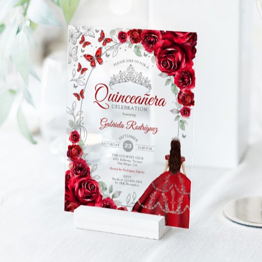 Quinceanera Red Silver Floral アクリル招待状