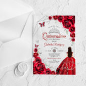 Quinceanera Red Silver Floral Dress アクリル招待状