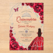 Quinceanera Red Silver Floral Dress アクリル招待状 (正面)