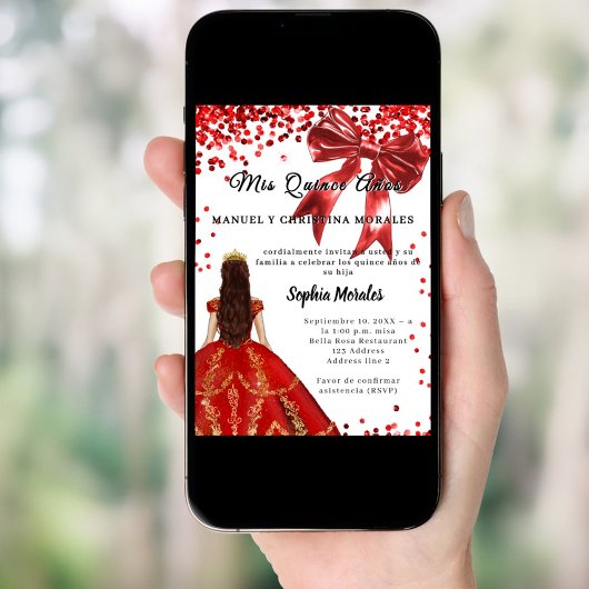 Quinceanera red white dress bow 招待状