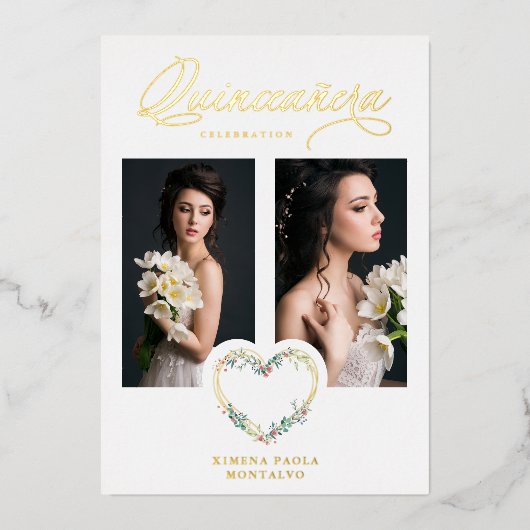 Quinceañera Romantic Pink Shades Real Gold Floral 箔招待状 (正面)