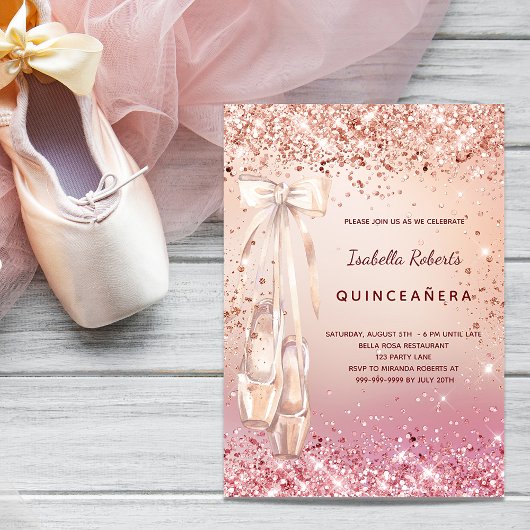 Quinceanera rose gold pink glitter ballerina 招待状