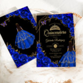 Quinceanera Royal Blue Gold Butterfly Dress Floral 招待状