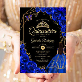 Quinceanera Royal Blue Gold Butterfly Dress Floral 招待状