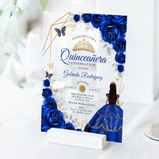 Quinceanera Royal Blue Gold Dress アクリル招待状